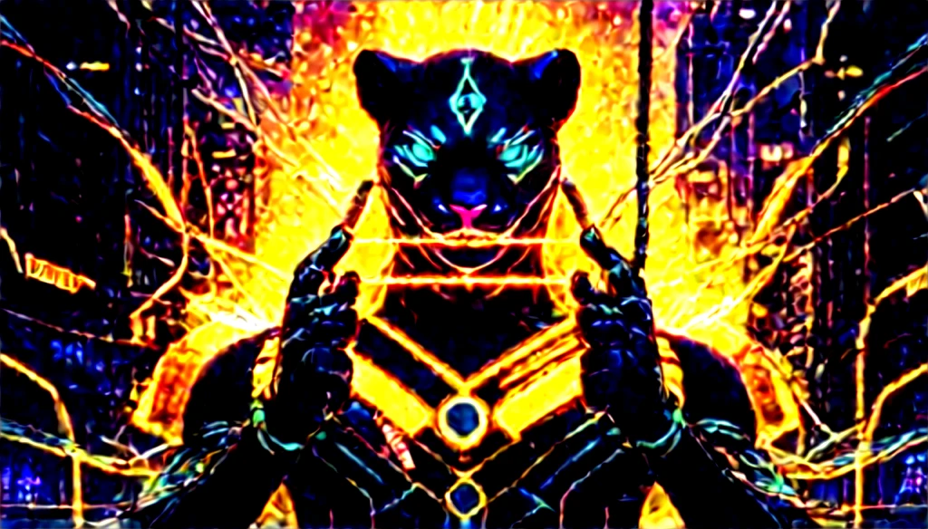 a cyber panther faced humanoid,wires connected to network electricity between his hands,concept of internet security hacker,zoom out,detailed cyberpunk character,intricate mechanical design,vivid colors,dramatic lighting,highly detailed,unreal engine,cinematic composition,award winning digital art