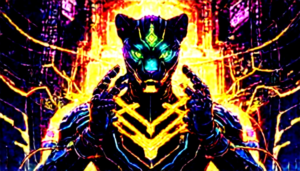 a cyber panther faced humanoid,wires connected to network electricity between his hands,concept of internet security hacker,zoom out,detailed cyberpunk character,intricate mechanical design,vivid colors,dramatic lighting,highly detailed,unreal engine,cinematic composition,award winning digital art