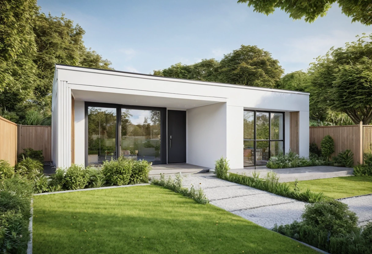 A highly detailed, high-resolution render of a modern garden house with a width of 7 meters. The house features a two-tiered sloped roof (Mái A) with a white facade and black-framed windows, similar to the provided image. The front yard includes a well-maintained lawn with some greenery and a small porch area with outdoor furniture. Add a stylish fence surrounding the property and an elegant gate at the entrance. Ensure the overall scene captures the serenity and simplicity of the garden house, with emphasis on the clean architectural lines and the harmonious integration with the surrounding garden. The image should be sharp, with a clear depth of field (DOF) to emphasize the details of the house's exterior and the garden elements.