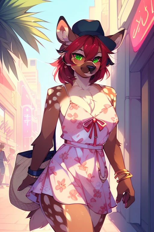 ((nsfw)) Solo, A cute anthro, (((half hyena half deer))), male, (cute snout:1.2) full body, ((by hyattlen, by fumiko, ((by zackary, by fumiko)), solo, anthro, male deer, deer antlers, Bright brown fur body, ((brown ears)), red hair, mullet, detailed eyes, (heterochromatic eyes), diferent color eyes, one red eye and one green eye, bright white neck, dark hyena spots, white fawn spots, white chest, perfect drawn deer tail, hyena arms, hyena paws, ((deer tail)), (small fluffy tail), cute deer tail, (three dark spots on each cheek), soft and warm chest, verry fluffy body, smirk, toned body, great anatomy, femboy jock, big ass, thick thighs, well drawn hands, good anatomy, detail, sexy pose, dynamic pose, (full body), (((one red eye one green eye))), summer, summer clothes, bright colors, sun, wearing a colorful floral print sundress with spaghetti straps and a flared skirt with wedge espadrilles or flat espadrille sandals and fedora hat with a ribbon band and statement earrings and a chunky bracelet along with small crossbody straw bag and cat-eye sunglasses, walking through the city, bustling city, busy city, open air mall,