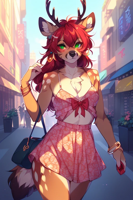 ((nsfw)) Solo, A cute anthro, (((half hyena half deer))), male, (cute snout:1.2) full body, ((by hyattlen, by fumiko, ((by zackary, by fumiko)), solo, anthro, male deer, deer antlers, Bright brown fur body, ((brown ears)), red hair, mullet, detailed eyes, (heterochromatic eyes), diferent color eyes, one red eye and one green eye, bright white neck, dark hyena spots, white fawn spots, white chest, perfect drawn deer tail, hyena arms, hyena paws, ((deer tail)), (small fluffy tail), cute deer tail, (three dark spots on each cheek), soft and warm chest, verry fluffy body, smirk, toned body, great anatomy, femboy jock, big ass, thick thighs, well drawn hands, good anatomy, detail, sexy pose, dynamic pose, (full body), (((one red eye one green eye))), summer, summer clothes, bright colors, sun, wearing a colorful floral print sundress with spaghetti straps and a flared skirt with wedge espadrilles or flat espadrille sandals and fedora hat with a ribbon band and statement earrings and a chunky bracelet along with small crossbody straw bag and cat-eye sunglasses, walking through the city, bustling city, busy city, open air mall,
