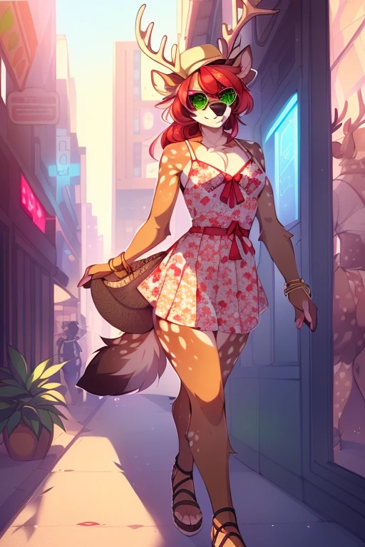 ((nsfw)) Solo, A cute anthro, (((half hyena half deer))), male, (cute snout:1.2) full body, ((by hyattlen, by fumiko, ((by zackary, by fumiko)), solo, anthro, male deer, deer antlers, Bright brown fur body, ((brown ears)), red hair, mullet, detailed eyes, (heterochromatic eyes), diferent color eyes, one red eye and one green eye, bright white neck, dark hyena spots, white fawn spots, white chest, perfect drawn deer tail, hyena arms, hyena paws, ((deer tail)), (small fluffy tail), cute deer tail, (three dark spots on each cheek), soft and warm chest, verry fluffy body, smirk, toned body, great anatomy, femboy jock, big ass, thick thighs, well drawn hands, good anatomy, detail, sexy pose, dynamic pose, (full body), (((one red eye one green eye))), summer, summer clothes, bright colors, sun, wearing a colorful floral print sundress with spaghetti straps and a flared skirt with wedge espadrilles or flat espadrille sandals and fedora hat with a ribbon band and statement earrings and a chunky bracelet along with small crossbody straw bag and cat-eye sunglasses, walking through the city, bustling city, busy city, open air mall,
