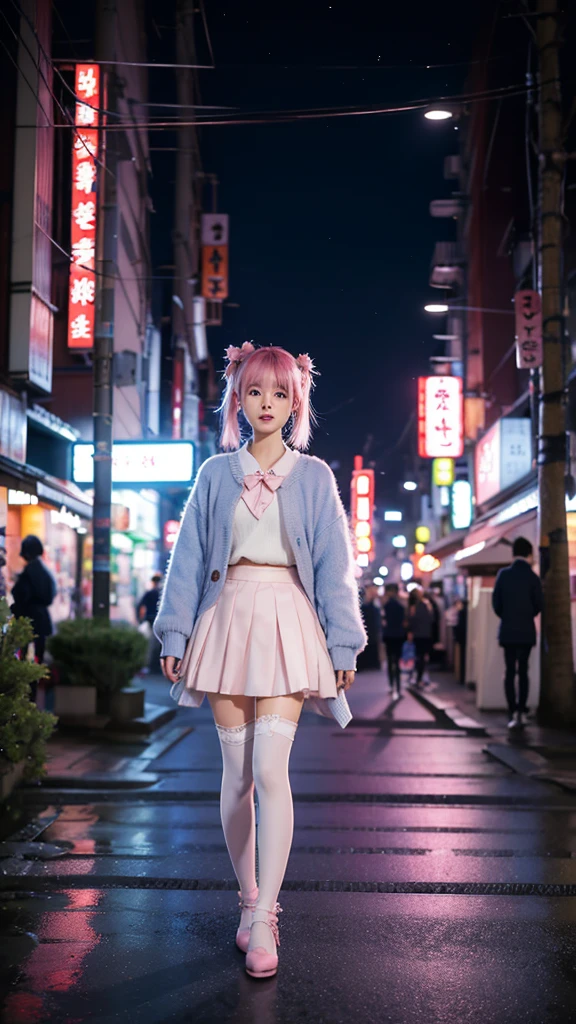 KokoaAisu, 1girl, blue skirt, blurry, blurry background, blurry foreground, day, depth of field, photo background, thighhighs, town, tree, zettai ryouiki, short twintails, pink hair, tokyo \(city\), japan, shop, night, night sky,
masterpiece, best quality, digital art, intricate detail,