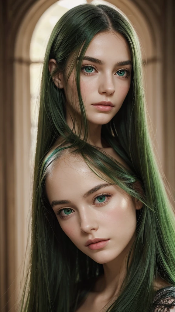 Portrait of a European woman with highly detailed facial features, captivating eyes, an oval face, and long sleek hair framing her face. Her hair is entirely green, and she has a flawless complexion, with a very charming wistful charm, her expression imbued with a profound sadness