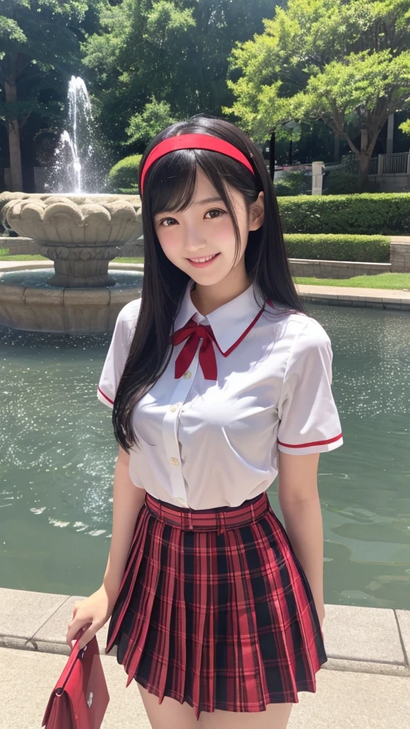 Japanese high school girl, smiling face, young face, long black hair, long straight black hair, red hairband, white short-sleeved blouse, red ribbon decoration on collar, red and black checkered pleated skirt, black socks, red shoes, standing in front of the fountain square, park, clear stream waterway, nostalgic scenery, blue sky and white cumulonimbus clouds, voluptuous body