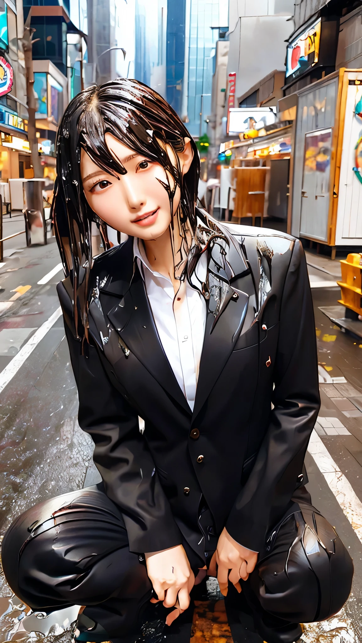 Highest,masterpiece,Highest品質,High resolution,high quality,Realistic,Medium Hair,Wet髪,Pants Style,High heels, Collared shirt,,Black jacket,suit:1.5,Wet,Sweat,orgasm,Fair skin,Oily skin,ID card,White chocolate:2.0,Embarrassed face:1.2,