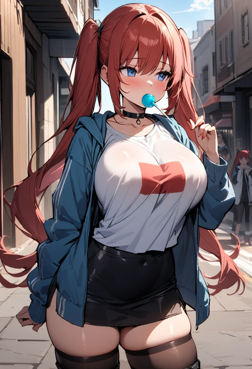 Masterpiece, 1girl, twin tails, long hair, red hair, blue eyes, light blush, lollipop in mouth, sucking a lollipop, choker, tshirts, tight tshirts, hoodie, open hoodie, big breasts, short skirts, thighs, thighhighs boots, sunshine, standing, looking away, on the streets, cowboy shot 