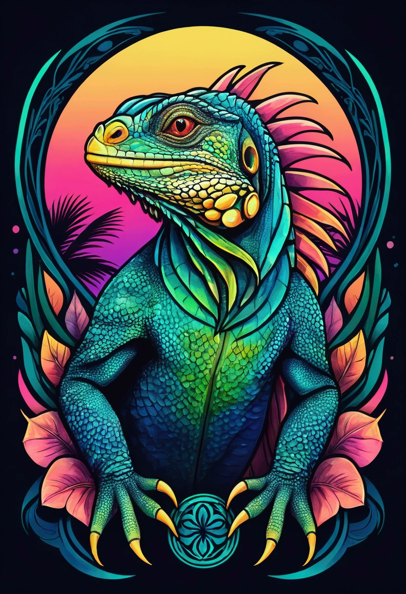 "Central design of an iguana: Art Nouveau, vector with vibrant colors and synthwave. Simple background, -ar 1:1. High quality, watercolor logo style with 3D puff printing effect. Strong, dark colors, monochromatic background, by yukisakura, original and incredible colors."