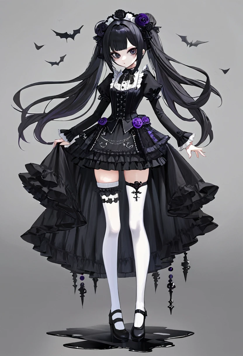 Masterpiece, absurdness, high detailed, black hair, gothic lolita, full body, standing, white thighhighs,