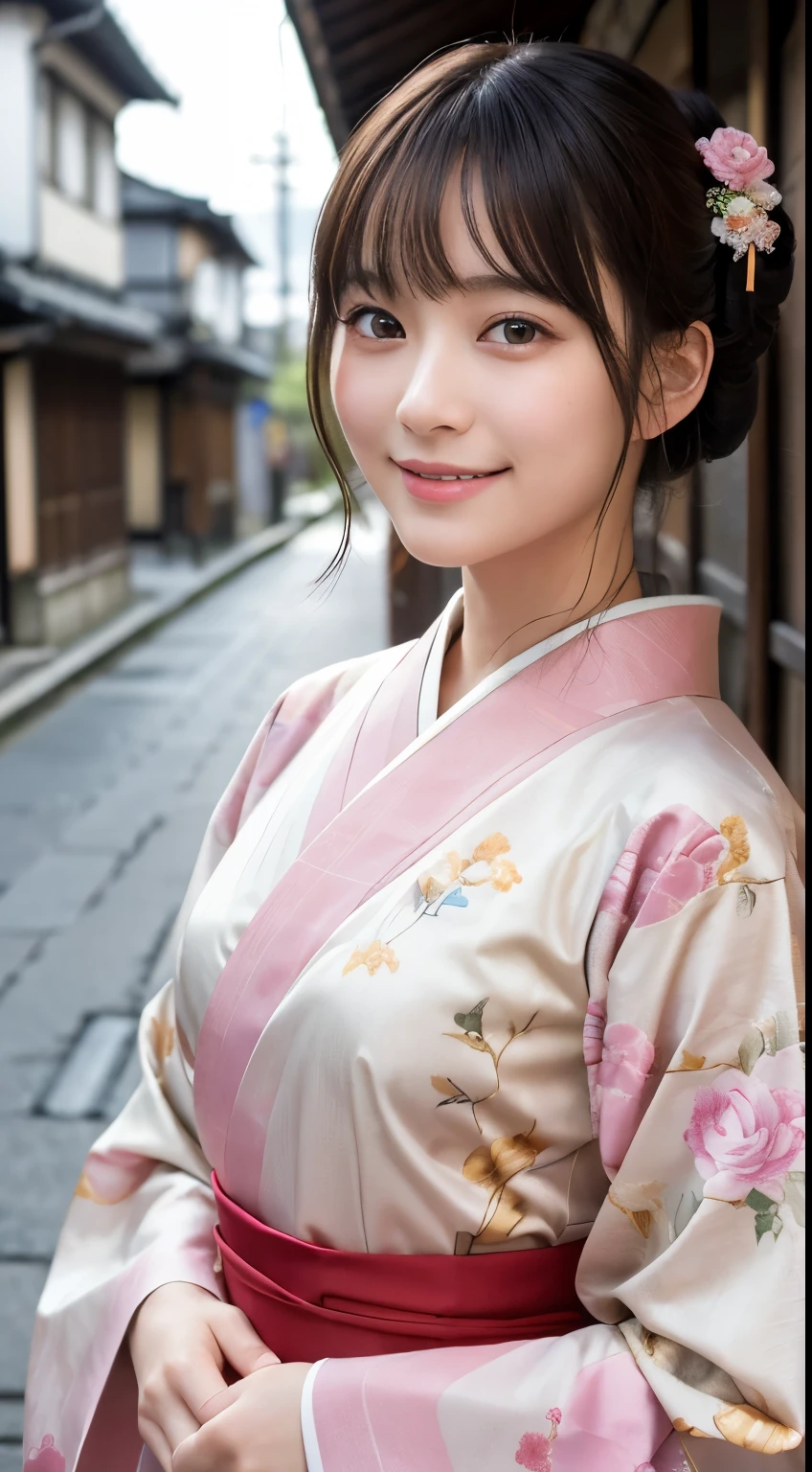 Professional Lighting,(Realistic:1.4), (Top image quality:1.0), (超High resolution:1.0), 8K, Raw photography, (masterpiece:0.2), (Dealing with the Children_v1:0.5)、(最高quality Detail:1.2)、Realistic、8K Ultra HD、High resolution、(1 Girl:1.2)、超detailedな、High quality textures、複雑なdetailed、detailed、Very detailed CG、High quality shadows、detailed 美しく繊細な顔、Beautiful details and a delicate eye、(Symmetrical eyes:1.2),Written boundary depth、Ray Tracing,1 Girl, Japanese Girls, (Natural smile:1.4),cute, thin, Portrait of a beautiful Japanese woman in a kimono, Standing elegantly on a street corner in Kyoto. Kimono with vibrant traditional patterns, Hair decorated with elegant and delicate hairpins, Gentle expression. (With the old streets of Kyoto in the background:1.4)、The soft light of a spring afternoon、Adding tranquility to the scene. Rendered in a Realistic style with great attention to detail, High resolutionの画像.Sky Porn, Magic Hour, (Realistic:1.3), finely, quality, (Tabletop:1.2), (Realistic:1.2), (最高quality), (複雑なdetailed), dramatic, Ray Tracing, photograph, +roller