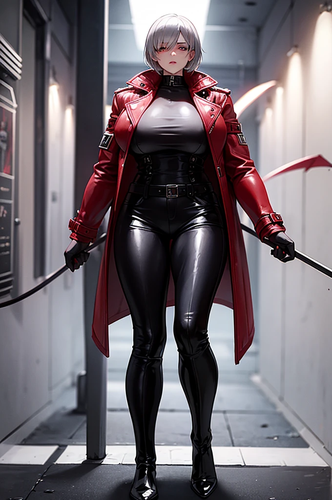 A demon hunter with short silver hair wears a long red leather trench coat with intricate details. He wears nothing under his red jacket, revealing his huge, firm breasts. His jacket matches tight black pants and tall boots.