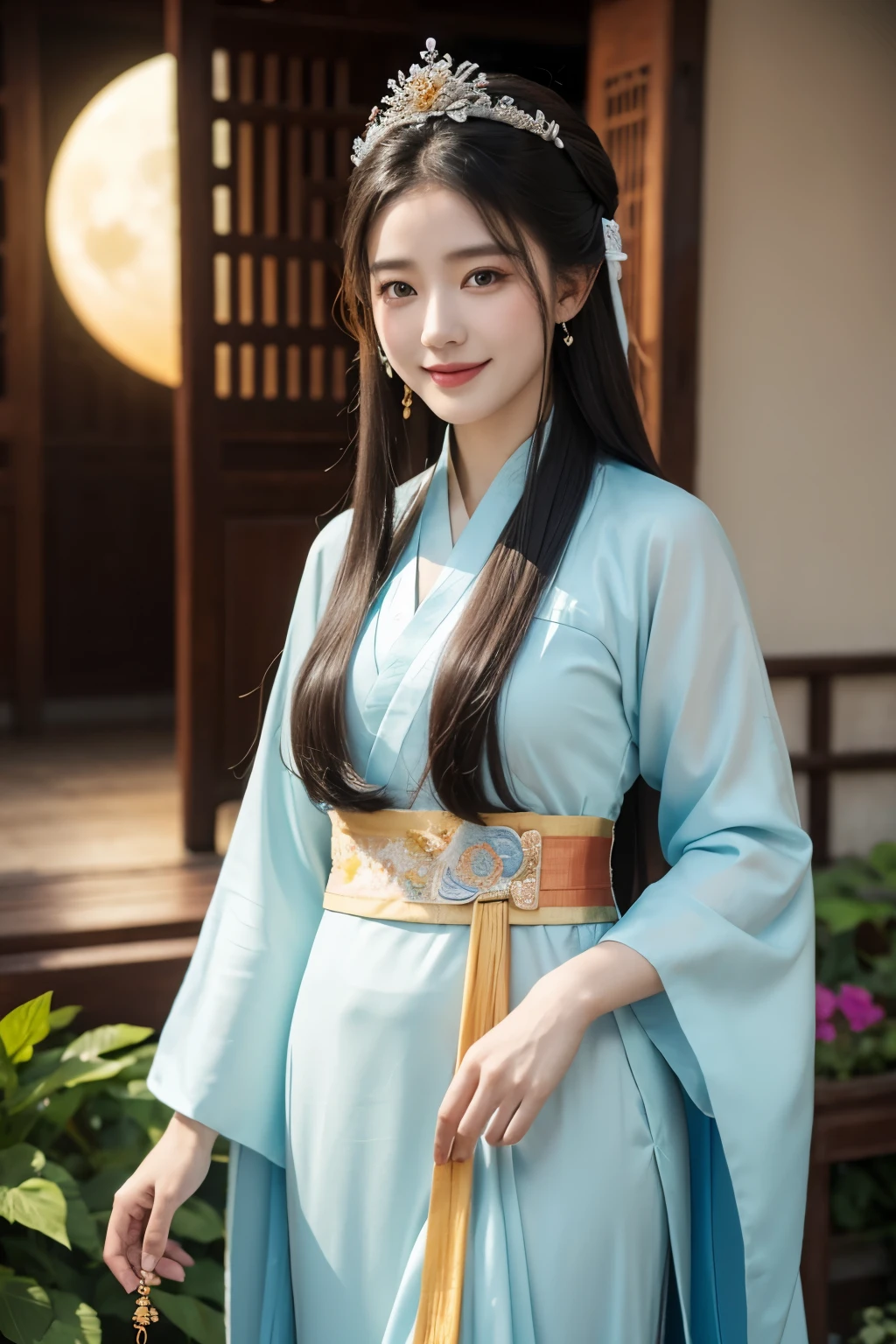 there is a beautiful woman in a colorful dress with a moon in the background, palace, a girl in hanfu, happy smile, wearing ancient chinese clothes, ethereal beauty, inspired by Qiu Ying, white hanfu, inspired by Lan Ying, a beautiful fantasy empress, lunar goddess, a beautiful fantasy empress, ancient chinese princess, inspired by Luo Mu, masterpiece, UHD, 8K