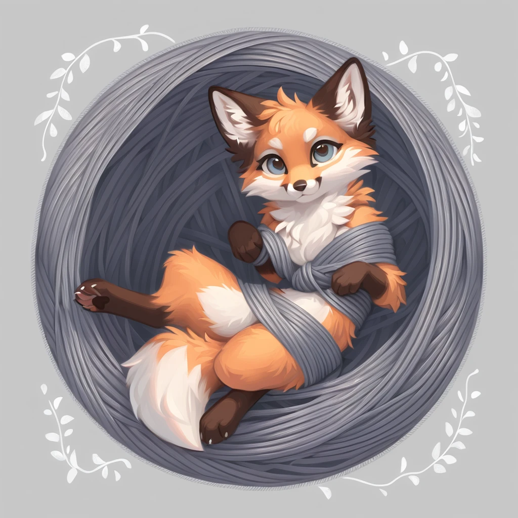 fox kit wrapped up in yarn in gray aesthetic art style