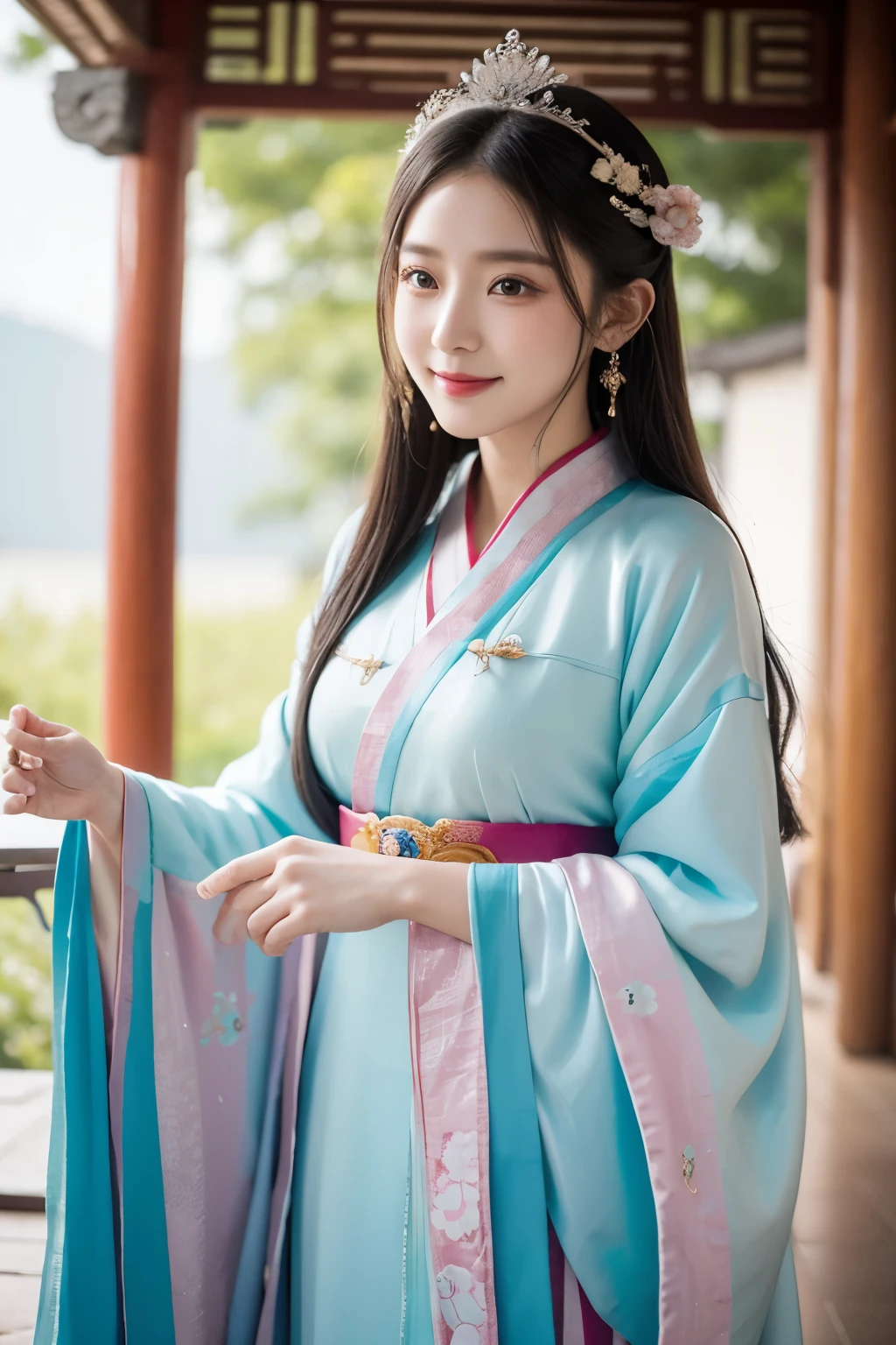 there is a beautiful woman in a colorful dress with a moon in the background, palace, a girl in hanfu, happy smile, wearing ancient chinese clothes, ethereal beauty, inspired by Qiu Ying, white hanfu, inspired by Lan Ying, a beautiful fantasy empress, lunar goddess, a beautiful fantasy empress, ancient chinese princess, inspired by Luo Mu, masterpiece, UHD, 8K