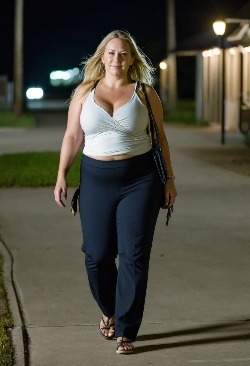 Fat woman, 40 years old white Caucasian woman walking outside, summer, day time, Mississippi, Gulfport, long straight blonde hair, casually and daily dressed, big hips, thick thighs, casual clothed, natural huge breasts, Full Body Shot, From Above View, High Angle View, side way selfie, no makeup, messy hair, morning face, chubby, t-shirt, no bra underneath, sad, sweaty , sweaty chest, wet breasts, nipples