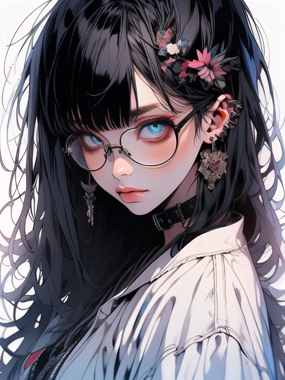 Highest quality,Highest Resolution,1People Women,shirt1Sheet,Light clothing,sexy,Very beautiful eyes,Big Breasts,whole body,Glasses,Black Hair,