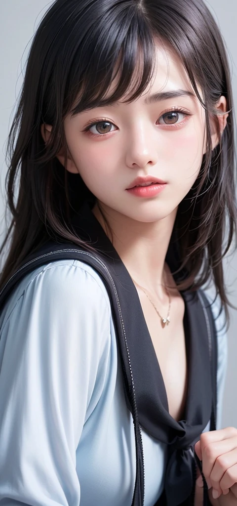 (1 nogizaka girl,15years old face,raw photo,photo realistic:1.5),(best quality, high quality,HDR, highest quality,ultra high resolution,high resolution,high res,ultra high difinition,huge file size,8K,2K wallpaper,8K wallpaper,high quality texture,amazing,an extremely delicate:1.4),one girl, Japanese famous idol,cute face,small face,absurd,ridiculous,incredibly ridiculous,blurry background,(school uniform,sailor suit,short hair,cleavage,no makeup:1.2),medium skin,beautiful skin,detailed skin,black hair,silky hair,black eyes,Japanese nose,5-fingers,(Light Particles, Lens Flare, Luminous Particles: 0.7),looking at viewer,small hands,bright lighting,professional lighting,girl