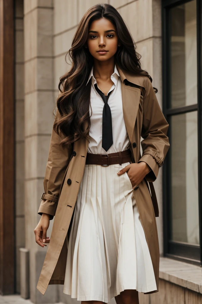 A brown girl with long hair, slim, clear teas, Brown eyes, add bandages to his arms and right eye, also put period clothes on him, a brown skirt with a long brown trench coat, white shirt with black tie