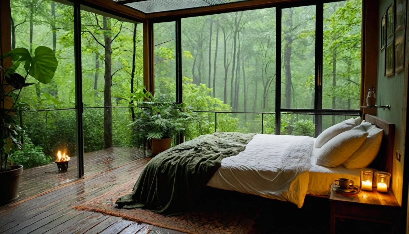 The image shows a cozy bedroom with a large window offering a view of a forest being drenched by rain. The bed is unmade with rumpled bedding, indicating recent use. Beside the bed, there is a small table with a classic lamp that is lit, casting warm light into the room. Outside the window, lush green plants can be seen in what appears to be a patio or balcony area, with rain visibly falling, creating a tranquil and peaceful atmosphere. The contrast between the indoor warmth and the outdoor rain creates an inviting and calming ambiance