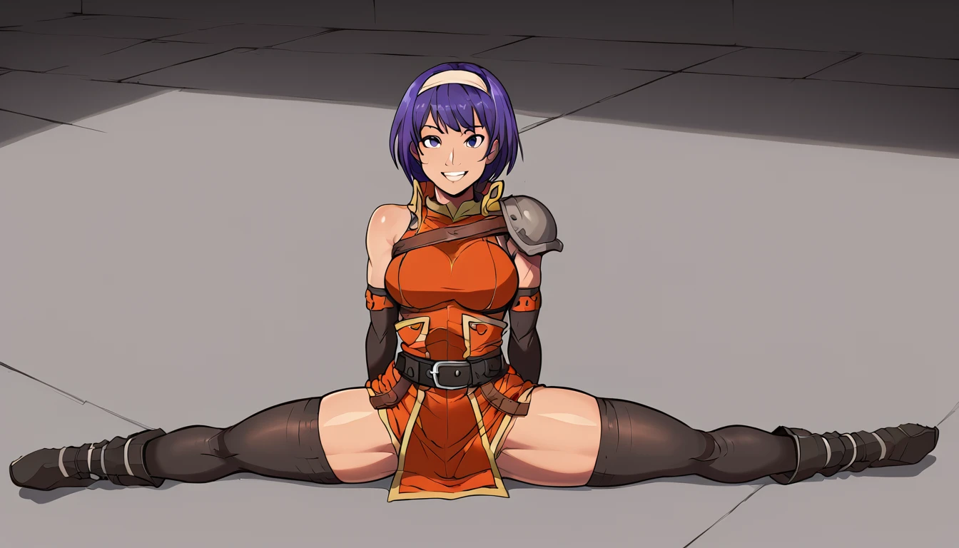 white hairband, shoulder armor, orange dress, underwear, belt, fingerless gloves, thighhighs, boots, purple hair, One girl, An athletic body, Sitting, On the floor, Split Horizon, stretch, horizontal splits, smile, stretch regs