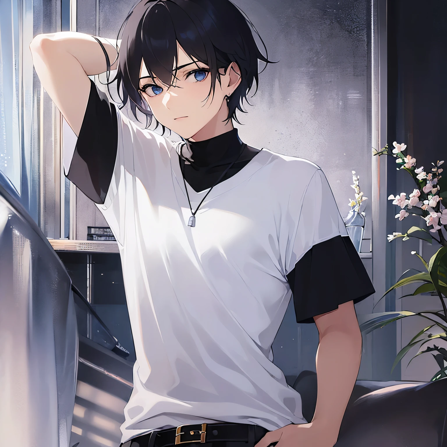 (25-year-old male:1.5) and (Black short hair) and (blue eyes),upper body, shiny skin, masterpiece、Highest quality、 (white) and (T-Shirts)、 The background is the dining room at night、hand on hip、hand behind head、expressionless
