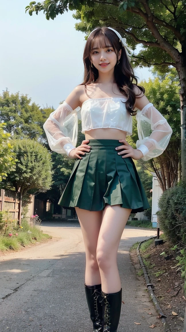 (8K、RAW Photos、Highest quality、masterpiece:1.2)、(Highest quality、Realistic)、1 Girl、((Tube top、mini skirt、Idol Costume、ribbon、Medium Hair、See-through、smile、Green and black、Thin legs、whole body、boots、garden、View from the front、Looking into the camera、Stand with hands on hips))、cute