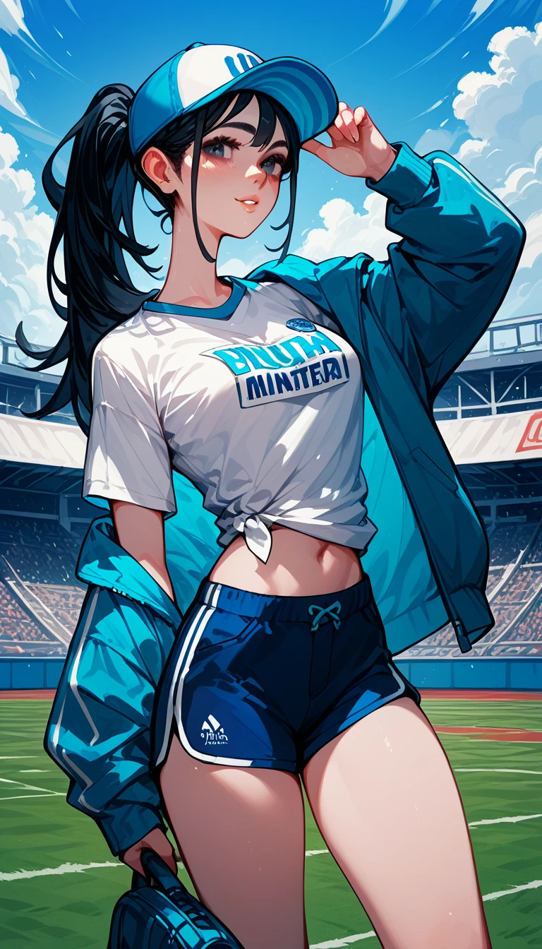 Midsummer Stadium Baseball Black Hair Girl。He is wearing a light blue baseball shirt with a summery blue and white look.、Baseball Cap、Vision、Visionのスタジアム、
