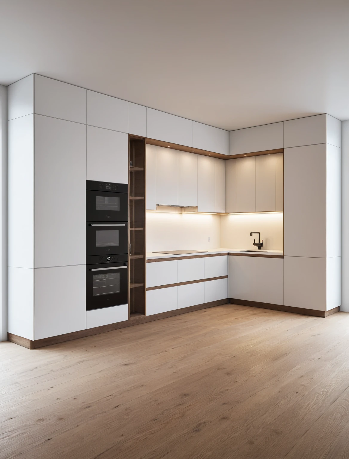 Raw photo,Masterpiece, high quality, best quality, authentic, super detail, interior , sunset, daylight, Kitchen Cabinets style minimalist, Induction cooker, sink, faucet, oven, built-in microwave, wooden floor, hood, wine cabinet, ((wooden and white tones))