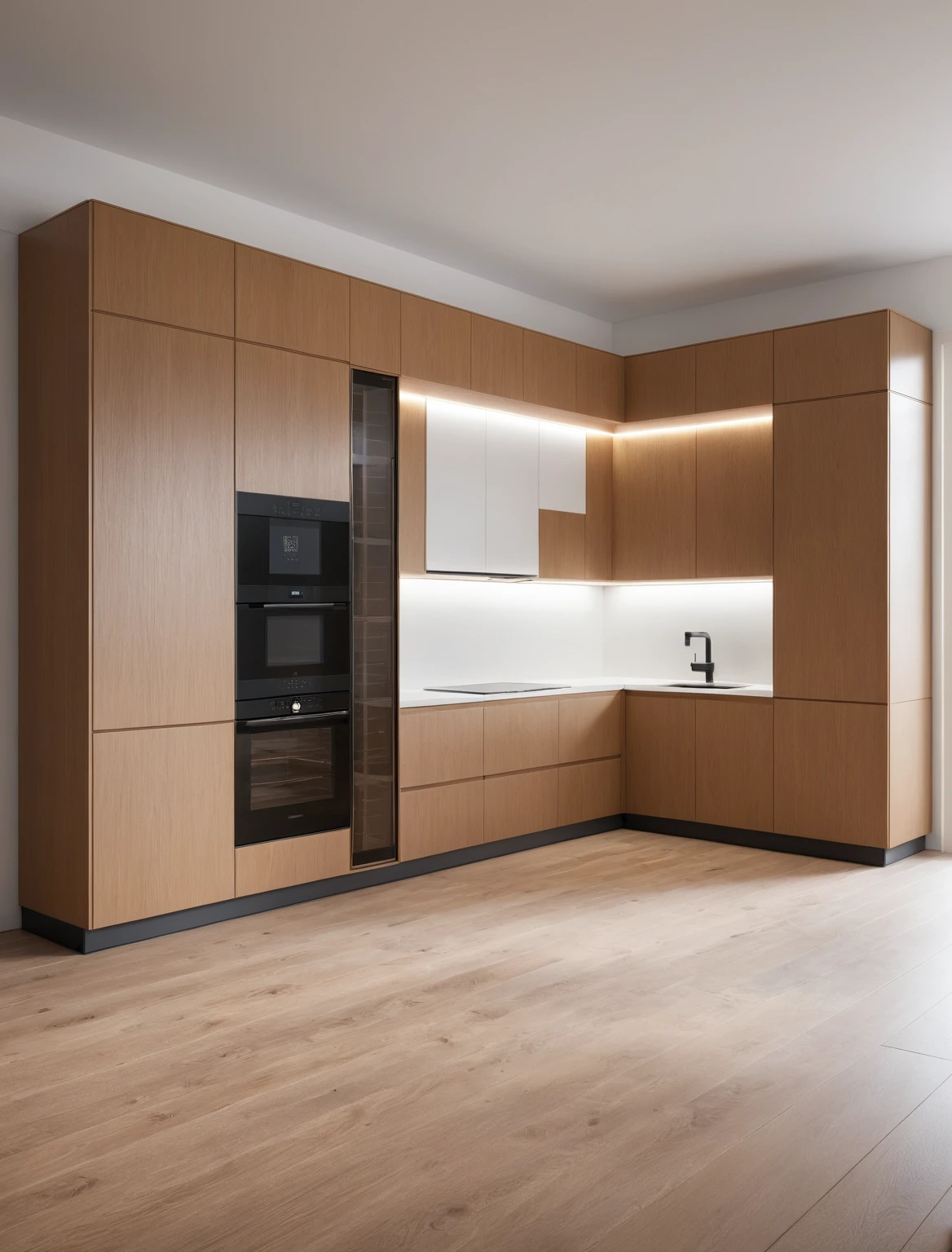 Raw photo,Masterpiece, high quality, best quality, authentic, super detail, interior , sunset, daylight, Kitchen Cabinets style minimalist, Induction cooker, sink, faucet, oven, built-in microwave, wooden floor, hood, wine cabinet, ((wooden and white tones))