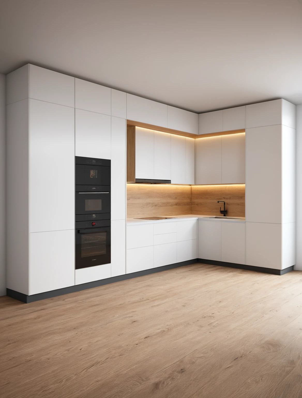 Raw photo,Masterpiece, high quality, best quality, authentic, super detail, interior , sunset, daylight, Kitchen Cabinets style minimalist, Induction cooker, sink, faucet, oven, built-in microwave, wooden floor, hood, wine cabinet, ((wooden and white tones))