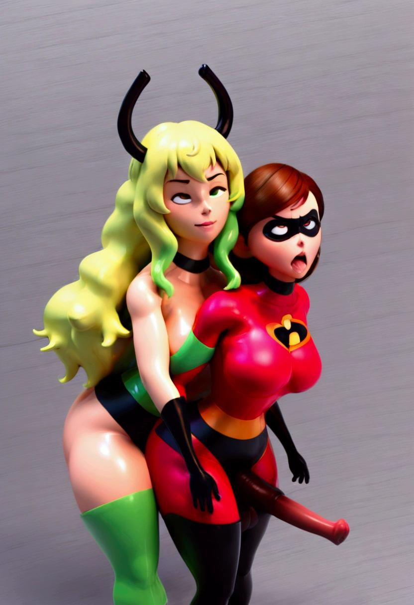 Queen's Stallion, latex skin, shiny skin, latex hair, shiny hair, futanari, horsecock futanari, eyes rolling back, Lucoa Horns, inflatable hair, plastic hair, seam lines, dollification, helenparrSDXL,1girl,short hair,brown hair,thighhighs,gloves,brown eyes,red bodysuit,superhero,domino mask,black gloves,cowboy shot, 1girl