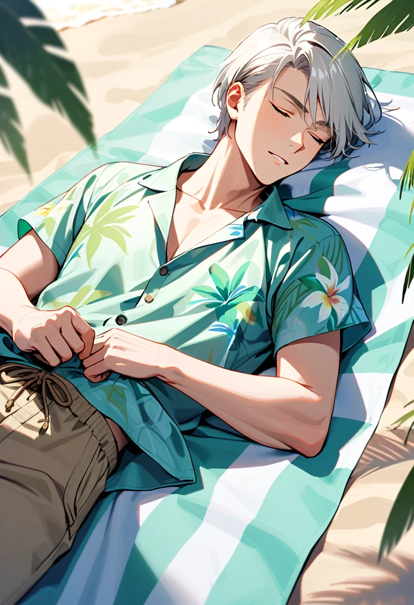 A man, 19-years-old, solo, Caucasian, mature face, short tousled white hair, eyes closed, sleeping, light pale green Hawaiian shirt, short sleeves, khaki shorts, beach, lying on a towel