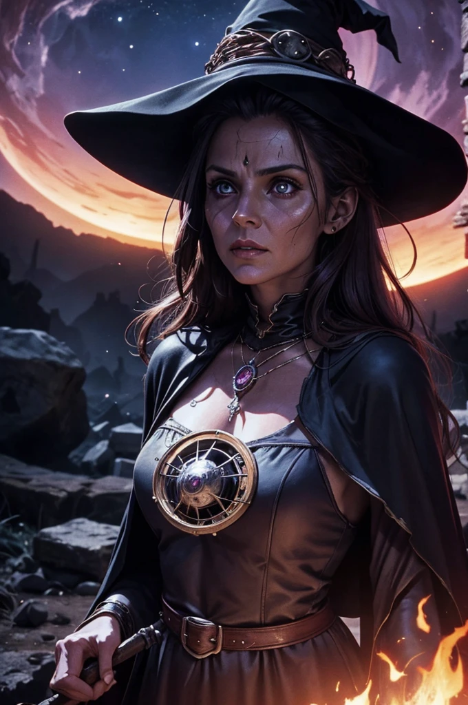 Bare chested witch, very sexy, bare chested, with a cowskull head. Starry skin