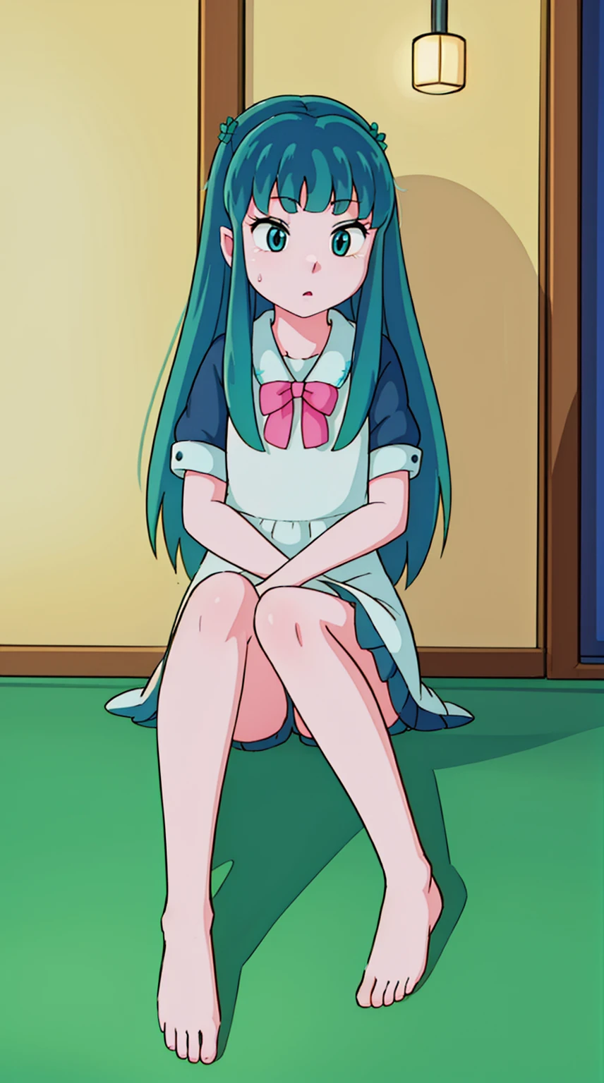 Lum, 1girl, long hair, bangs, beautiful detailed eyes, beautiful detailed lips, extremely detailed eyes and face, long eyelashes, young teenage girl, indifferent facial expression, green eyes, maid outfit, barefoot, indoor room setting, gloomy atmosphere, (best quality,4k,8k,highres,masterpiece:1.2),ultra-detailed,(photorealistic,photo-realistic:1.37),intricate details,cinematic lighting,moody colors,