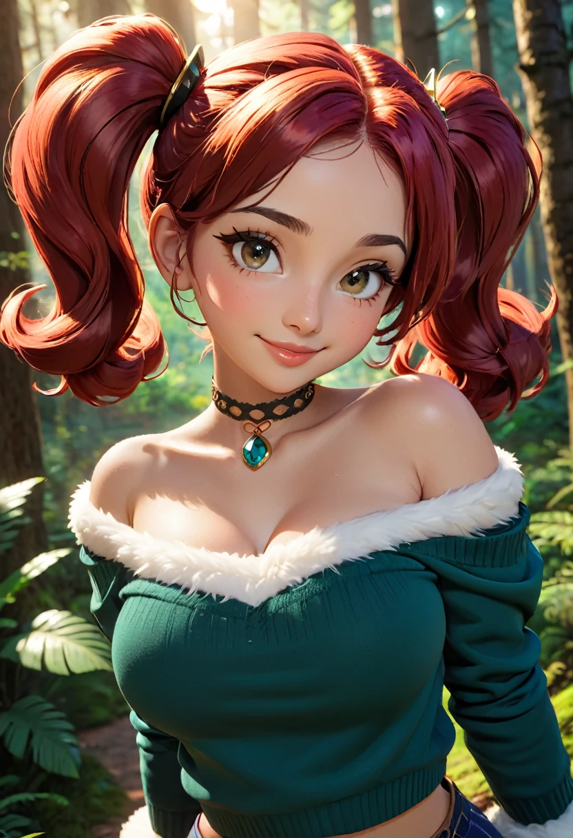 masterpiece, best quality, highly detailed, 1girl, solo, twintails, off-shoulder sweater, cherry red hair. choker, jacket, hairband, looking at viewer, smile, blush, Wide Smile, Eyes Detailed & Wide, sexy Pose. Ultra HD, Rococo-Inspired Fantasy Art With Intricate Details. Cute, Charming Expression, Alluring-Gaze, looking at viewer Beautiful Eyes, An-Ideal-Figure. Large Youthful Well-Shaped-Breasts, Massive-Round-Bosom, Décolletage. slim waist, fit body, full lipsWarm lights , woman in a dreamy forest at night, with fluffy hair, delicate face, realistic, real, slim, large aperture, sexy shots, attractive poses,Stunnin gly beautiful merge of Tala Ashe. symmetrical face, photorealistic, photography, path tracing, specular lighting, volumetric face light, path traced hairmaximum quality{(masutepiece) (8K High Resolution) (top-quality) In the style of breath of the wild.
