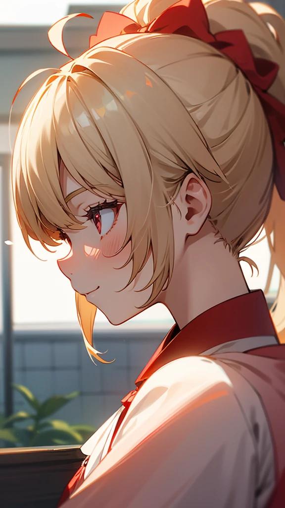 １girl、blonde、ponytail、Round red eyes、Ahoge、red blouse shirt、smile、profile、Face close-up、Morning Cafe Terrace、Background blur, Written boundary depth