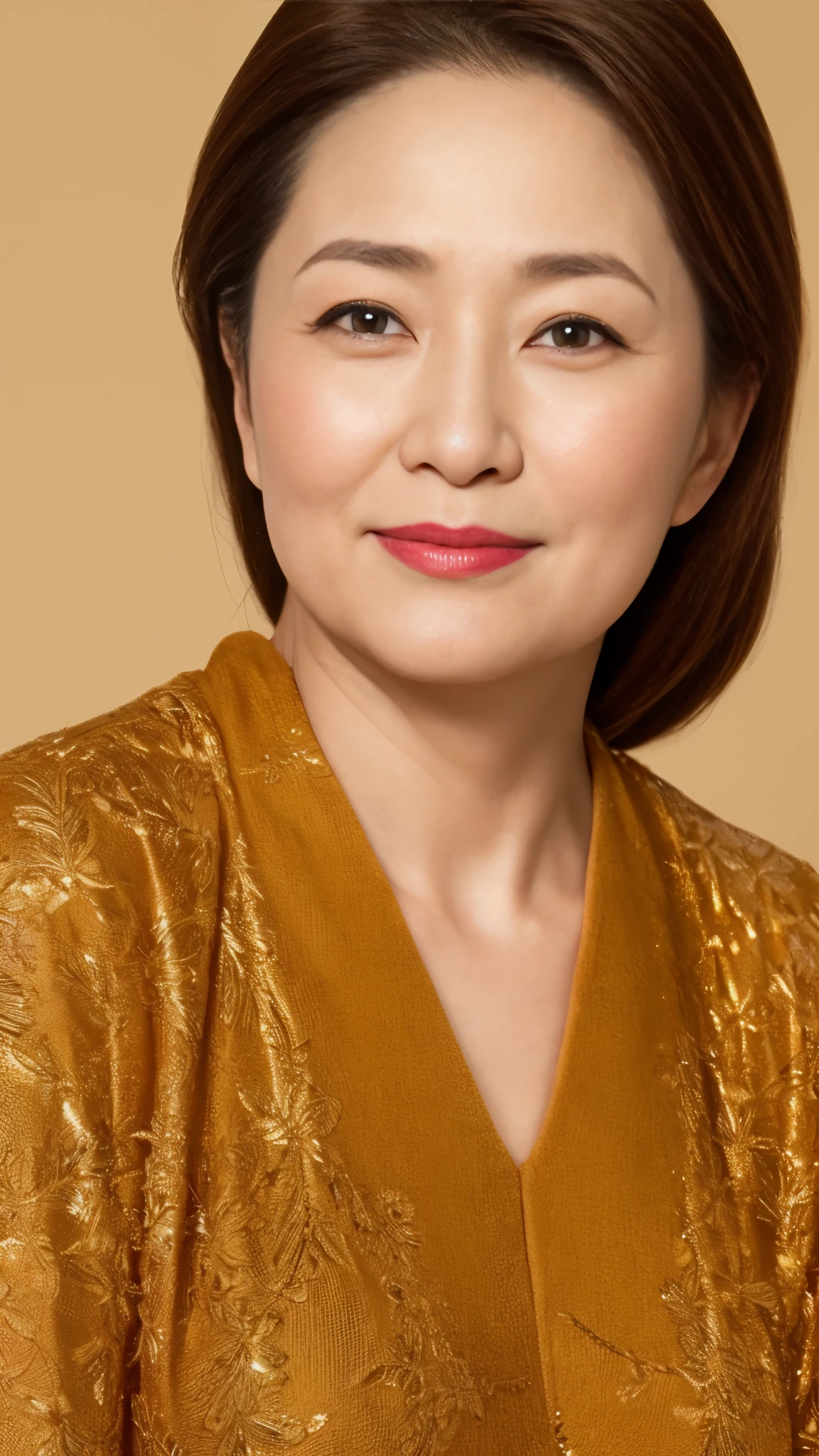 Golden Background, Kawase Hasui, Face close-up, Japanese painting, senior citizen, Draw lips correctly, Red lipstick, No discomfort, 16K, Highest quality, Very detailed, Realistic, Very detailed肌, (Japanese), (alone), 100 years old, Large Breasts, Mature female politician, Glamour, sexy, Chromo White Skin, Staring straight ahead,