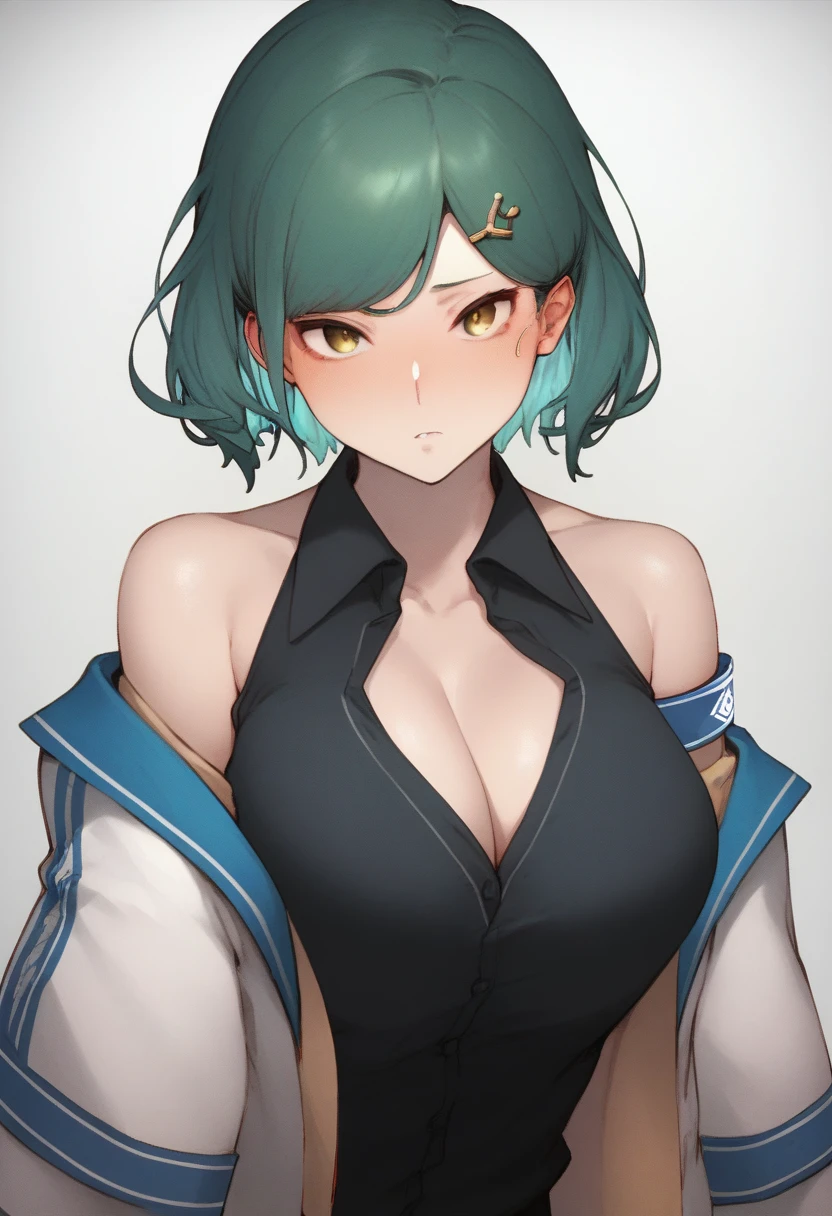 score_9, score_8, score_8_up, nijihisuiXL, 1girl, short hair, green hair, yellow eyes, blazer, white jacket, brown cardigan, black shirt, collared shirt, blue bow, hairclip, armband, open jacket, open clothes, bare shoulders, blush, cleavage, large breasts, looking at viewer, off shoulder, solo, 