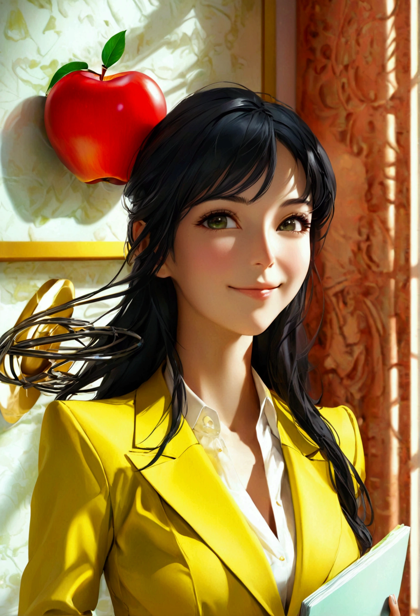 create a realistic, high-resolution image of a 35-year-old woman, perfect beauty, perfect cheekbone, long black hair, beautiful, business attire, serene and happy look, in a yellow suit, white blouse, medium 1:3 breasts smiling, holding a plate with 100K writing, golden plate and 100k writing in high relief brushed steel. This image represents a victory, an achievement, it is in an office. And on the office wall there is a company logo, a silhouette of a red apple, a small cable, a green leaf and in the middle written "SCI" in high relief., photo, illustration, 3d render, fashion