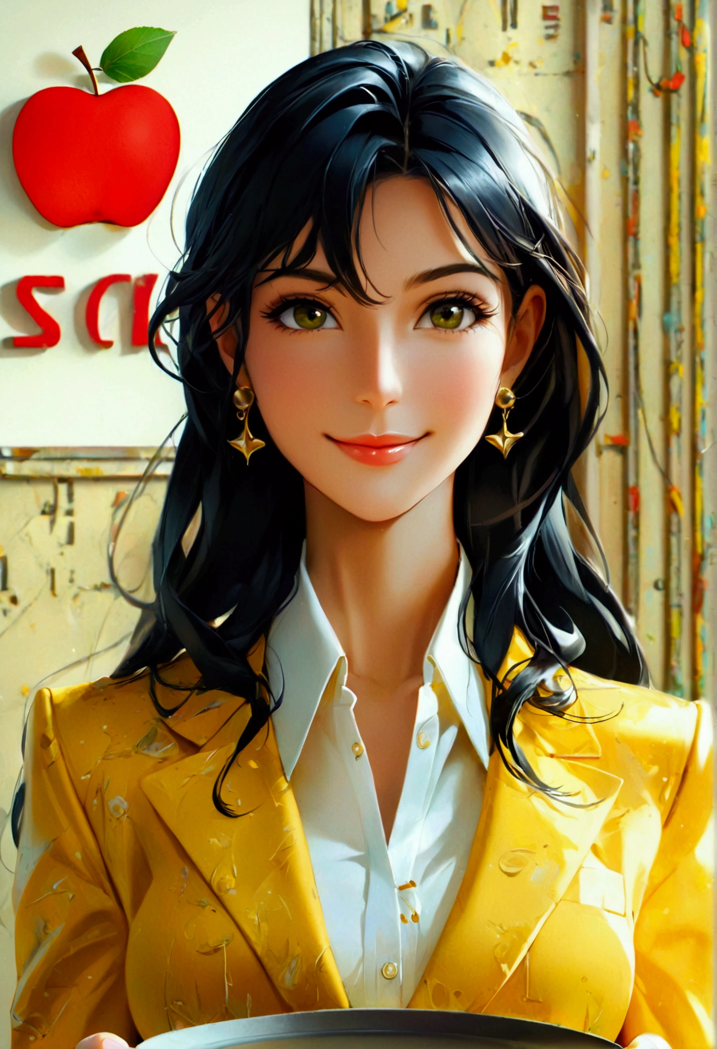create a realistic, high-resolution image of a 35-year-old woman, perfect beauty, perfect cheekbone, long black hair, beautiful, business attire, serene and happy look, in a yellow suit, white blouse, medium 1:3 breasts smiling, holding a plate with 100K writing, golden plate and 100k writing in high relief brushed steel. This image represents a victory, an achievement, it is in an office. And on the office wall there is a company logo, a silhouette of a red apple, a small cable, a green leaf and in the middle written "SCI" in high relief., photo, illustration, 3d render, fashion
