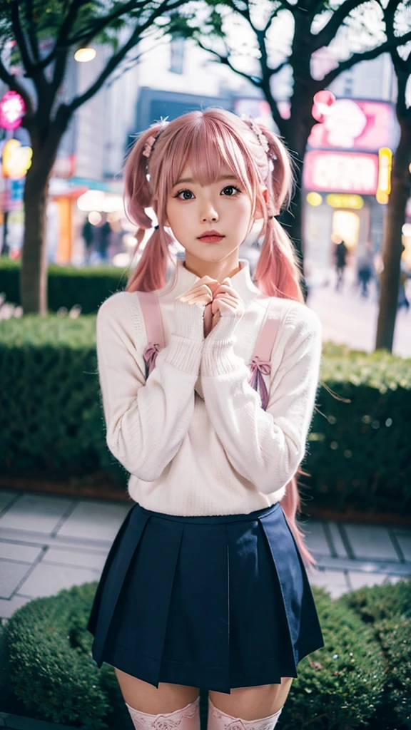 KokoaAisu, 1girl, blue skirt, blurry, blurry background, blurry foreground, day, depth of field, photo background, thighhighs, town, tree, zettai ryouiki, short twintails, pink hair, tokyo \(city\), japan, shop, night, night sky,
masterpiece, best quality, digital art, intricate detail,
