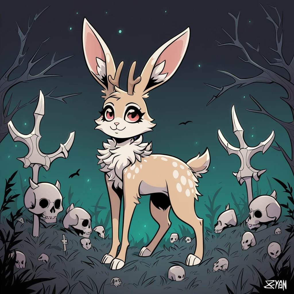 a jackalope with the bones on the outside in graveyard art style
