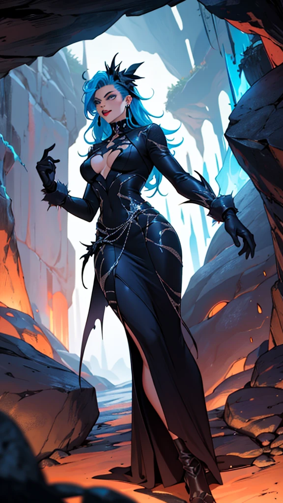 Gay, drag queen, tan skin, lattin, clothing, goth, futuristic dress, long gloves, fashion, futuristic, danger, evil, poison, long blue hair, inside the cave, dark, glowing lava, venom, danger, evil