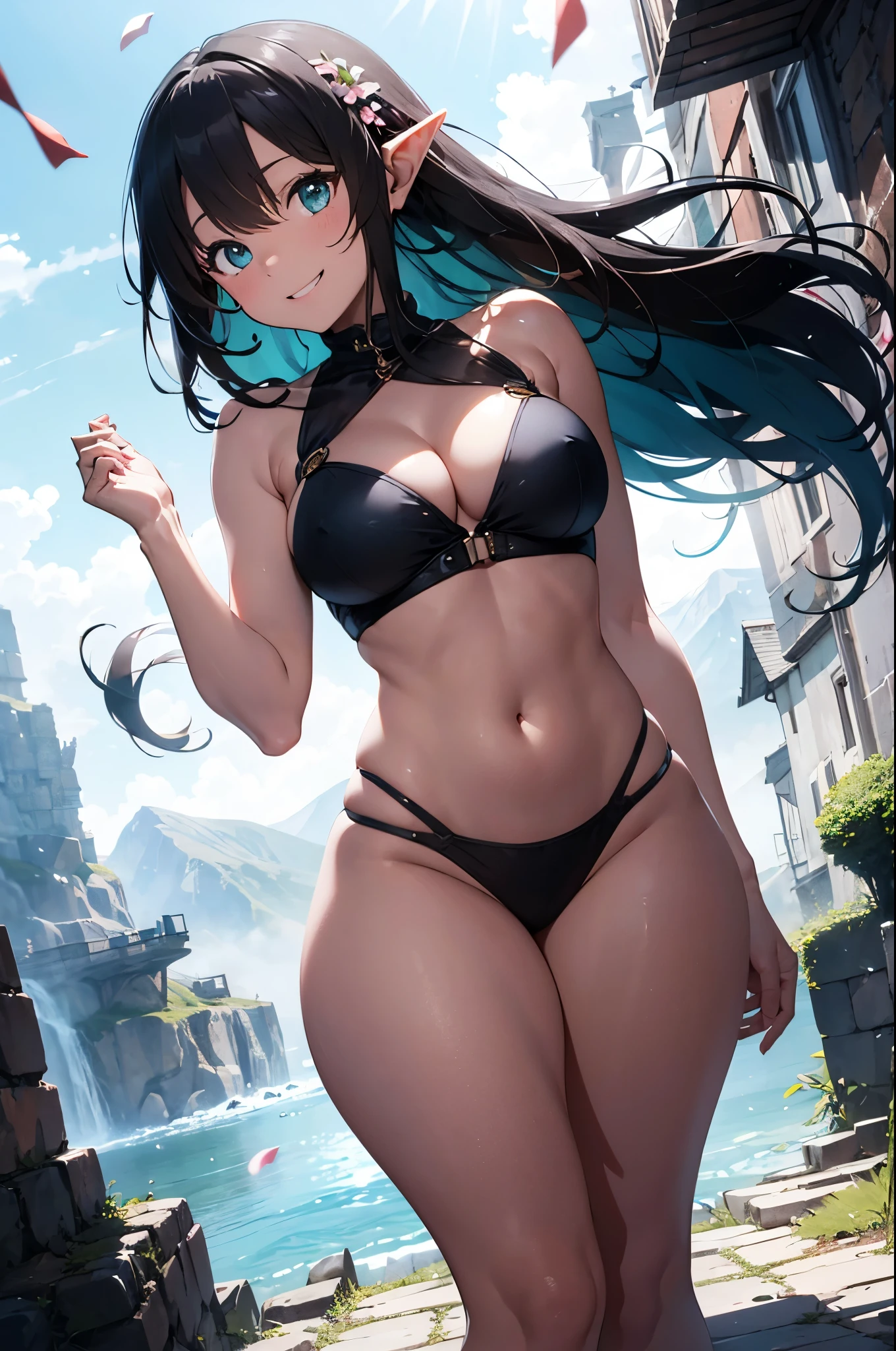 realistic image, detailed image, coherent image, 1 elf, has very long hair, black hair, turquoise eyes, smiling, She has a curvy body, medium breasts and thick thighs, She is posing sensually, arching her back, background of mountains, castle background, falling flower petals, full body view, soft focus, dramatic shadows, volumetric lighting, natural lighting, artificial lighting, white background,