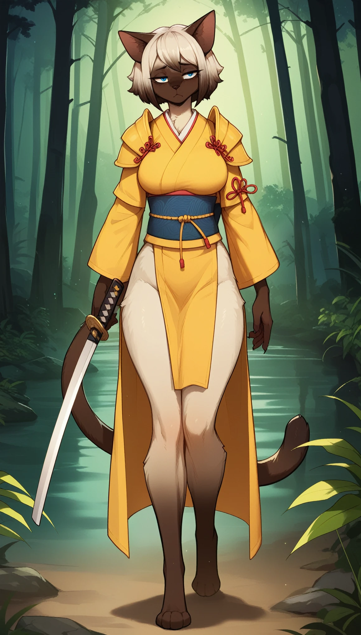 Half-closed eyes, tired expression, 1girl, anthro, furry, fur, fluffy fur, siamese cat, cat girl, white hair (brown highlights), blue eyes, short hair, full body, (19 years), big breast, thicc thighs, solo, (japanese forest), half-closed eyes, detailed, shy, night, (yellow samurai armor), (unsheathing her katana), (looking at the viewer), standing, score_9, score_8_up, score_7_up, score_6_up, score_5_up, score_4_up