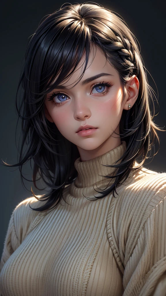 (work of art:1.3), (8K, photorrealistic, CRU photo, best qualityer: 1.4), (1 girl), beautiful  face, (lifelike face), (Bblack hair, shorth hair:1.3), beautiful hairstyle, realisticeyes, beautiful detailed eyes, (realisic skin), beautiful fur, (Sweater), absurderes, appealing, ultra high resolution, ultra realistic, highy detailed, golden ratio