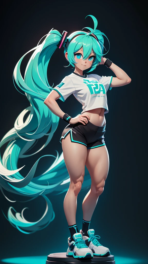 ((Best Quality)), ((Masterpiece)), ((Realistic)) and ultra-detailed photography of a 1nerdy girl with goth and neon colors. She has ((turquoise hair)), wears a small skimpy black thong, bare shoulders. naked body., ((beautiful and aesthetic)), muscular fit body abs, sexy, under-boobs, hot