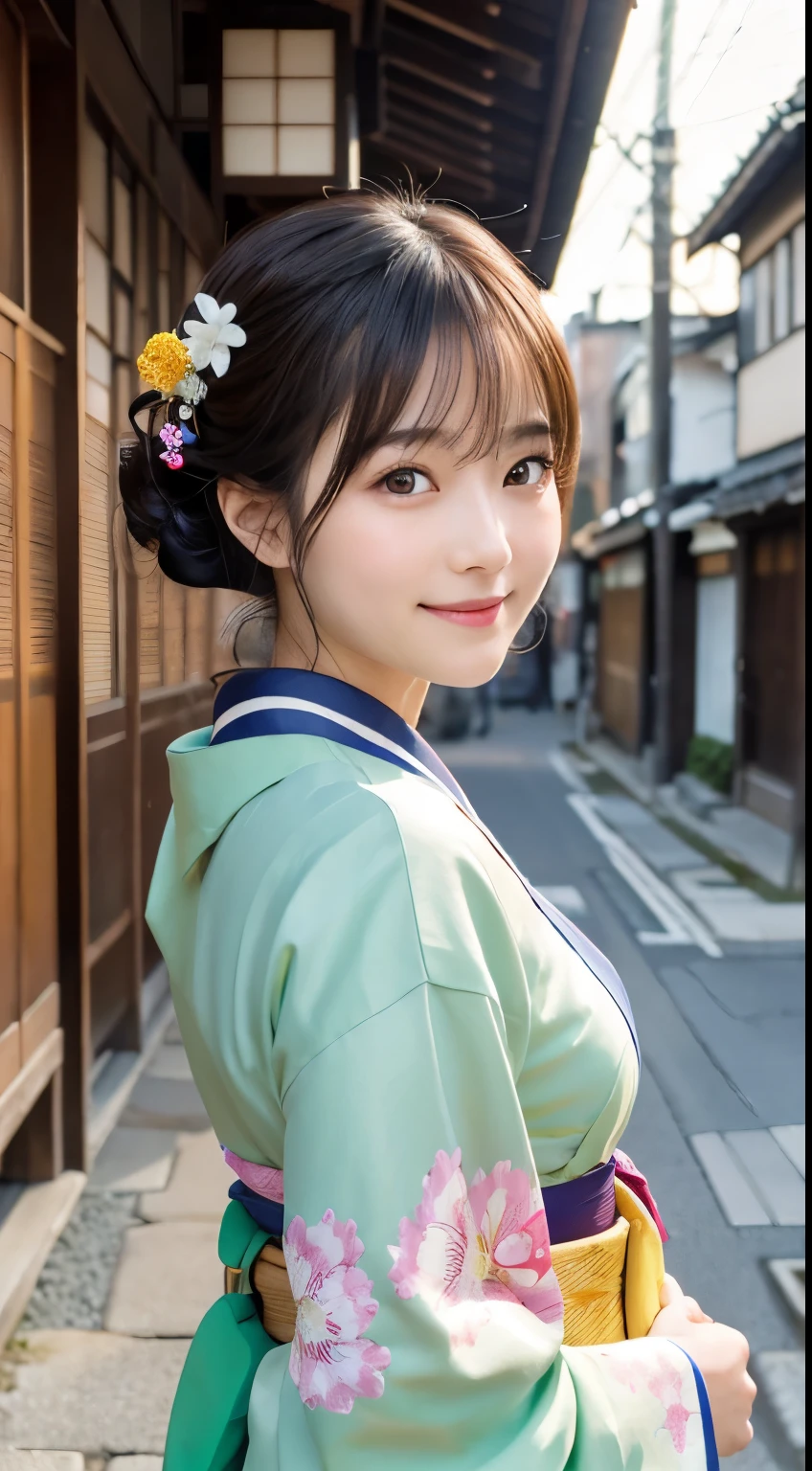 Professional Lighting,(Realistic:1.4), (Top image quality:1.0), (超High resolution:1.0), 8K, Raw photography, (masterpiece:0.2), (Dealing with the Children_v1:0.5)、(最高quality Detail:1.2)、Realistic、8K Ultra HD、High resolution、(1 Girl:1.2)、超detailedな、High quality textures、複雑なdetailed、detailed、Very detailed CG、High quality shadows、detailed 美しく繊細な顔、Beautiful details and a delicate eye、(Symmetrical eyes:1.2),Written boundary depth、Ray Tracing,1 Girl, Japanese Girls, (Natural smile:1.4),cute, thin, Portrait of a beautiful Japanese woman in a kimono, Standing elegantly on a street corner in Kyoto. Kimono with vibrant traditional patterns, Hair decorated with elegant and delicate hairpins, Gentle expression. (With the old streets of Kyoto in the background:1.4)、The soft light of a spring afternoon、Adding tranquility to the scene. Rendered in a Realistic style with great attention to detail, High resolutionの画像.Sky Porn, Magic Hour, (Realistic:1.3), finely, quality, (Tabletop:1.2), (Realistic:1.2), (最高quality), (複雑なdetailed), dramatic, Ray Tracing, photograph, +roller