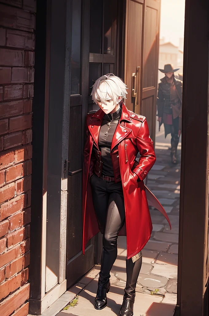 A demon hunter with short silver hair wears a long red leather trench coat with intricate details. He is not wearing anything under the red jacket, revealing his large, firm breasts. His jacket matches tight black pants and tall boots.