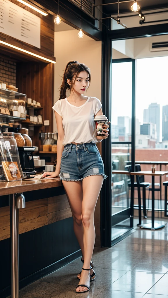 Wide shot, Lina, 27 years old, slender, casual clothes, brown hair, ponytail, light makeup, blue eyes, athletic, artistic, , Lina walking, city streets, afternoon, exploring, casual outfit, holding book, coffee shop, calm, vibrant city
